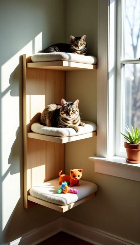 How to Make a DIY Cat Wall Perch for the Perfect Cat Nap Two cats lounging on wall-mounted shelves near a sunny window with toys and a plant. | Sky Rye Design Two cats lounging on wall-mounted shelves near a sunny window with toys and a plant.