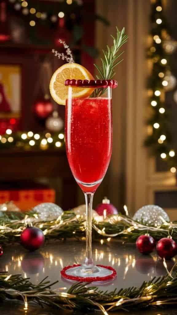 Festive red cocktail in flute with orange slice, rosemary garnish, surrounded by holiday lights and decorations.