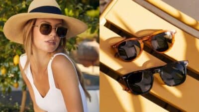 Woman in hat wearing sunglasses outdoors; two pairs of sunglasses on yellow surface. Sunny day style.