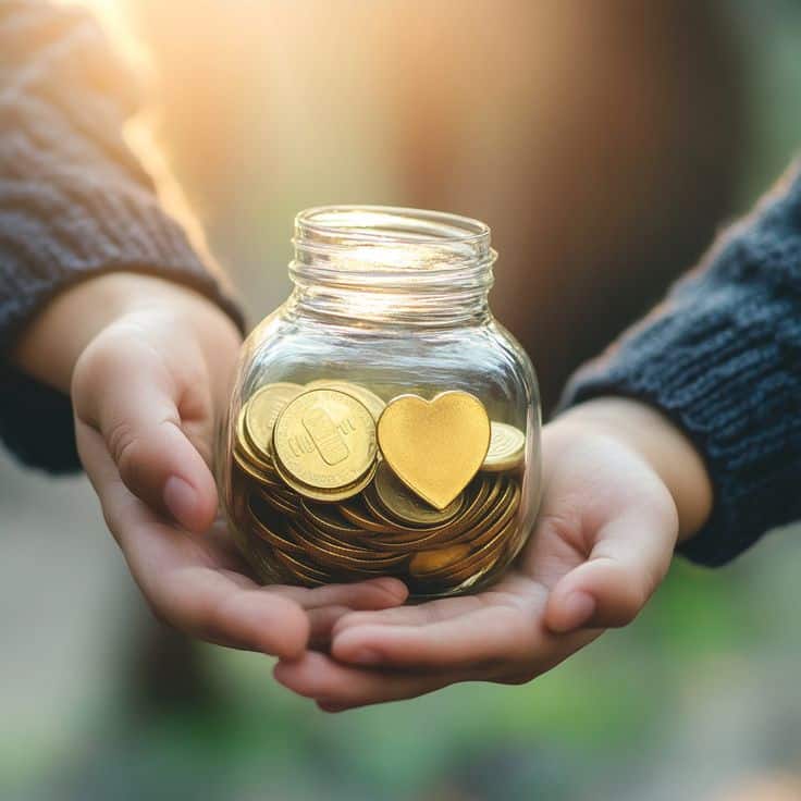 Hands holding a jar filled with coins and a heart, symbolizing saving, generosity, or charity in warm sunlight.