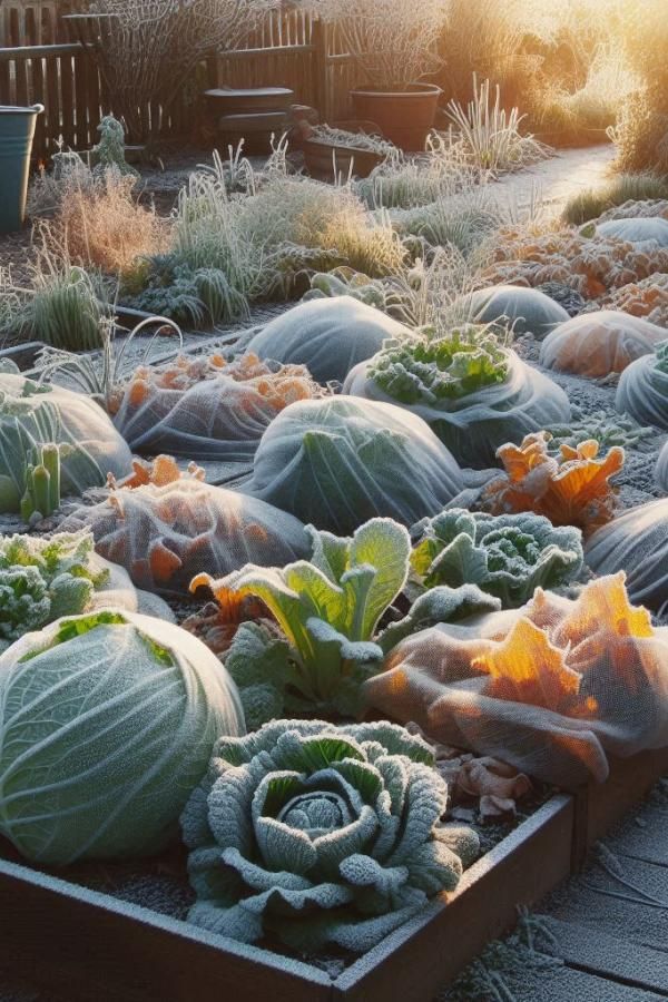 Frost-covered cabbage and lettuce in a sunlit winter garden bed, highlighting the beauty of cold weather crops.