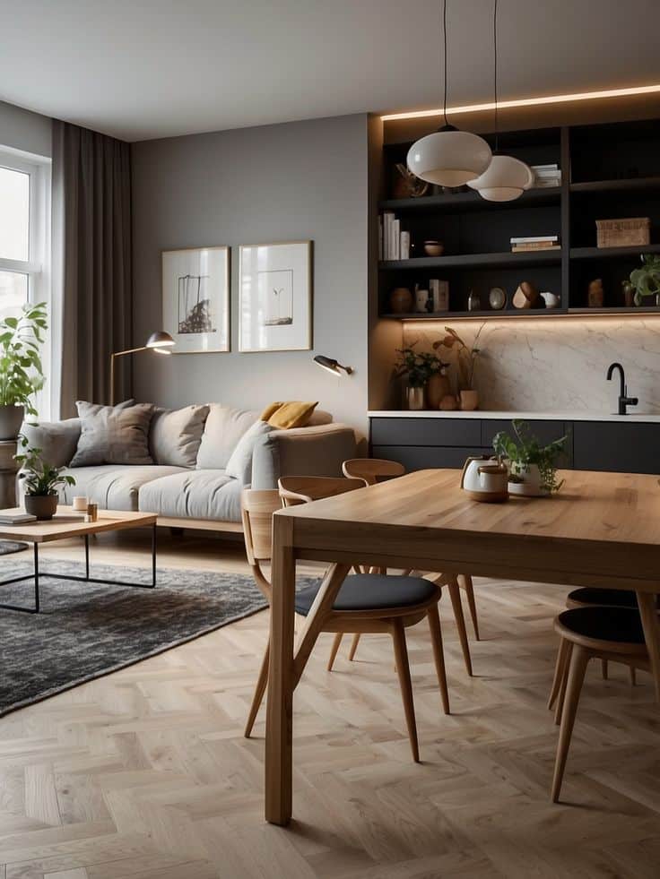 Modern living room with wooden dining table, cozy sofa, plants, and elegant lighting. Scandinavian interior design style.