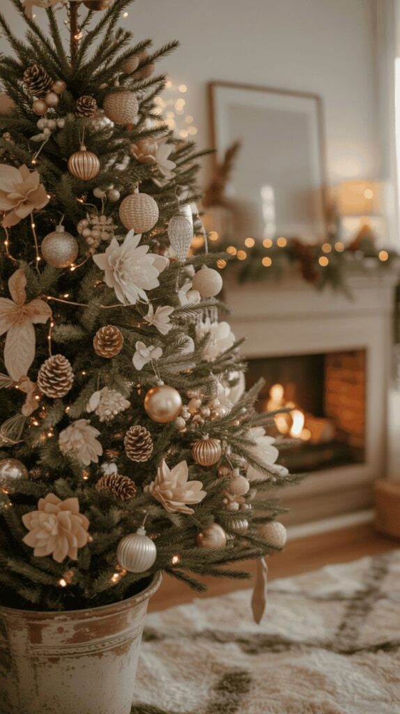 Elegant Christmas tree with beige and gold ornaments by a cozy fireplace in a warmly lit living room.