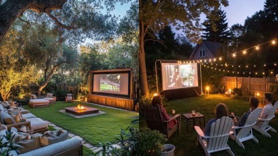 How to Transform Backyard into a Cozy Open-Air Theatre with the Right Outdoor TV Outdoor home theaters at night, with cozy seating, string lights, and large screens displaying movies in lush gardens. | Sky Rye Design Outdoor home theaters at night, with cozy seating, string lights, and large screens displaying movies in lush gardens.
