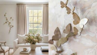 Elegant living room with floral decor, beige curtains, and butterfly wall art enhancing a bright and cozy ambiance.
