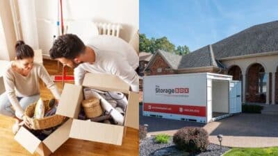 Couple organizing items for storage beside a home with a portable storage container in the driveway.