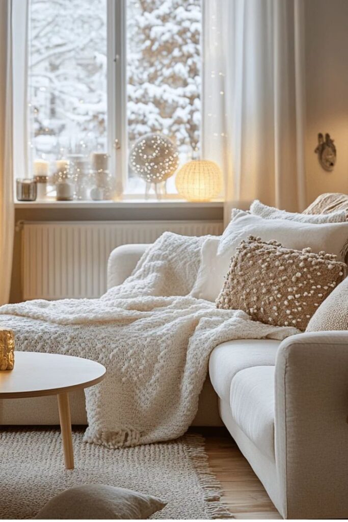Hygge-Inspired Winter Decor Tips Cozy living room with beige sofa and knit blanket, snow outside the window, and warm, ambient lighting. | Sky Rye Design Cozy living room with beige sofa and knit blanket, snow outside the window, and warm, ambient lighting.