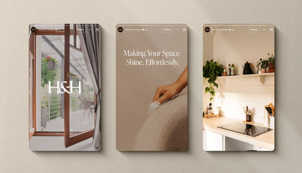 Modern home decor: open balcony doors, cozy cleaning, minimalist kitchen with plants and utensils.