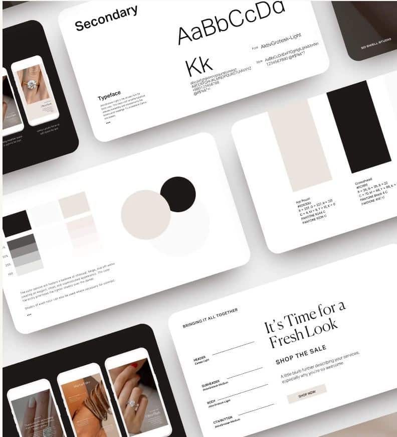 Modern branding presentation with typography, color palette, and mobile layouts for design inspiration.