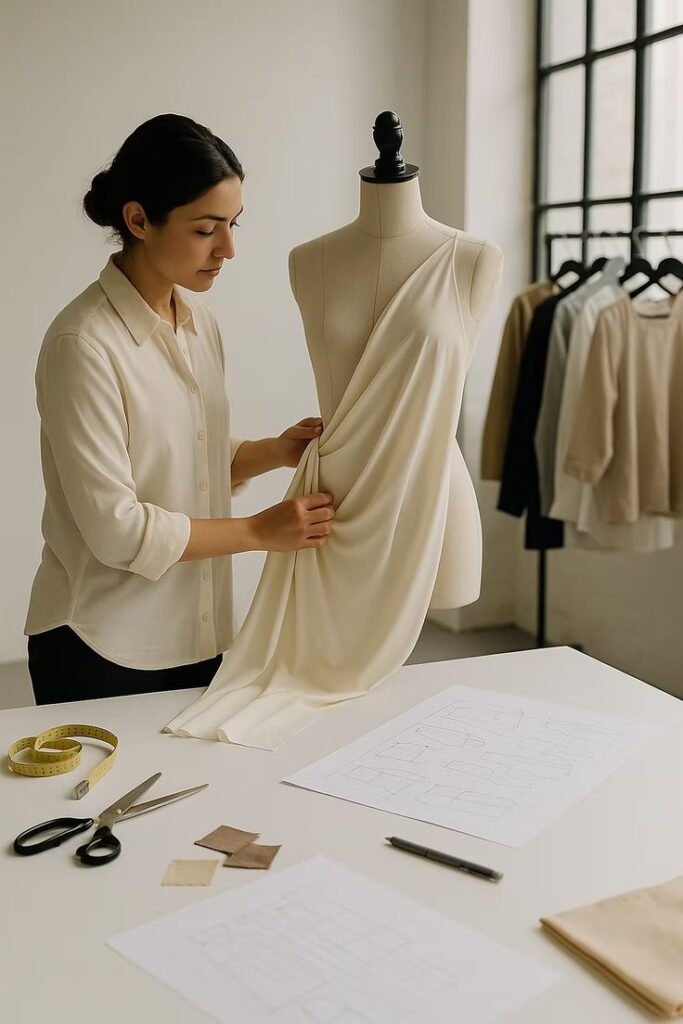 Fashion designer draping fabric on a mannequin in a studio setting, with sewing tools and sketches on the table.