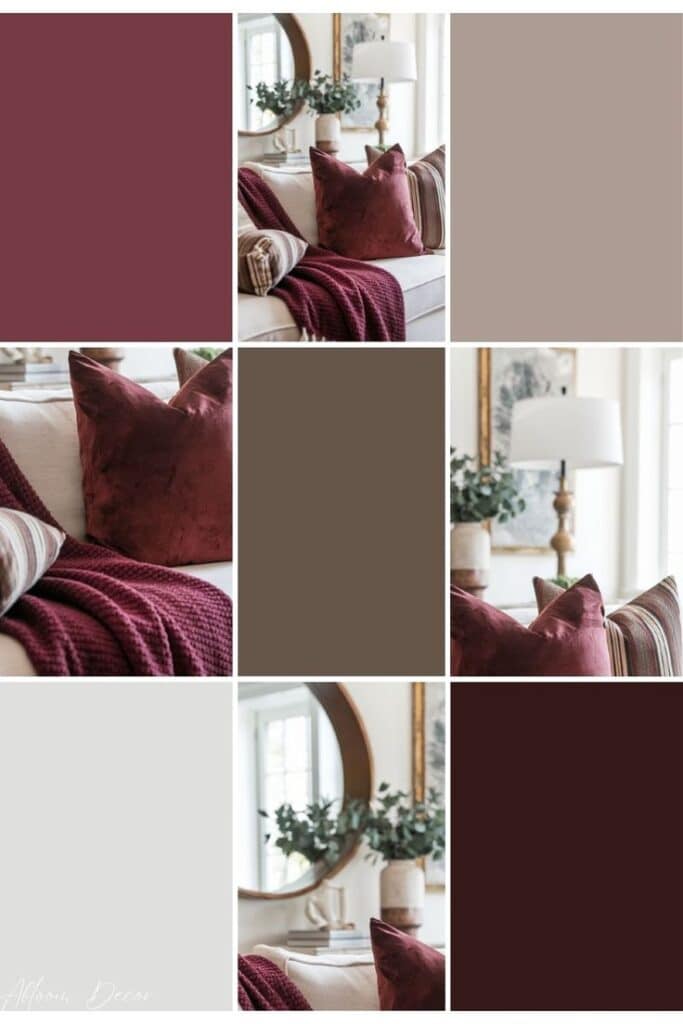 Inspiration for Warm Burgundy Color Palettes Elegant living room decor with burgundy accents, plush cushions, and a cozy throw, featuring a neutral color palette. | Sky Rye Design Elegant living room decor with burgundy accents, plush cushions, and a cozy throw, featuring a neutral color palette.