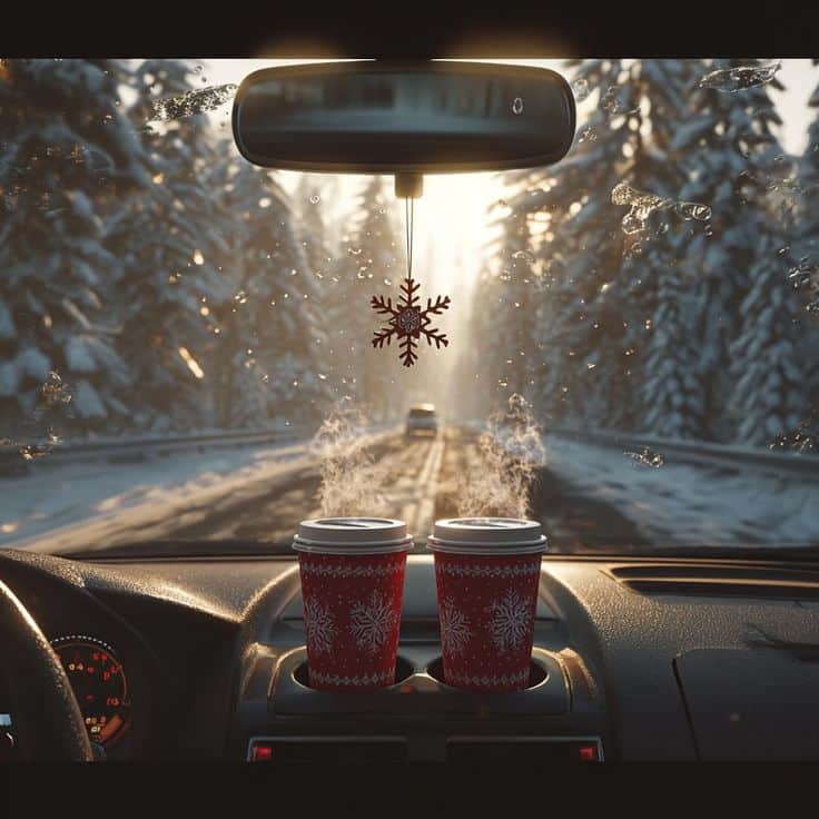 Instagram Steaming coffee cups in car traveling through snowy forest, morning sun illuminating the frosty scene. | Sky Rye Design Steaming coffee cups in car traveling through snowy forest, morning sun illuminating the frosty scene.