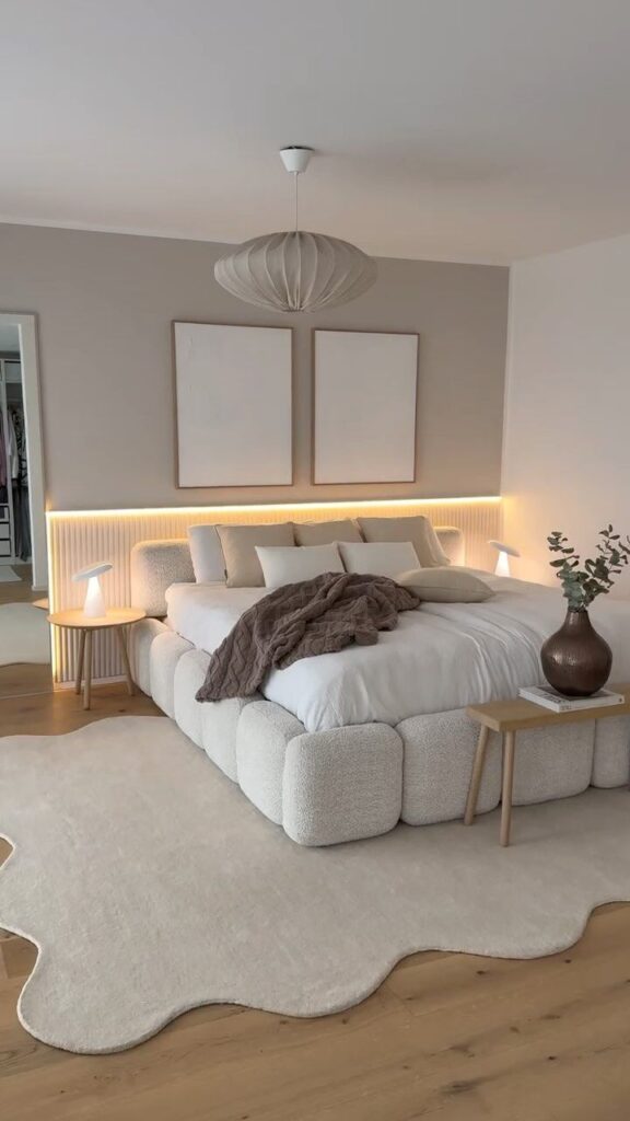 Instagram Modern bedroom with cozy bed, plush rug, ambient lighting, and minimalist decor. | Sky Rye Design Modern bedroom with cozy bed, plush rug, ambient lighting, and minimalist decor.