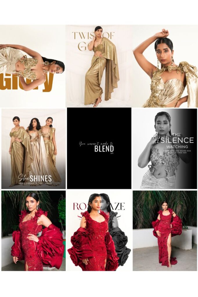 Fashion collage showcasing gold and red gowns, highlighting elegance and bold style; text phrases emphasize empowerment.