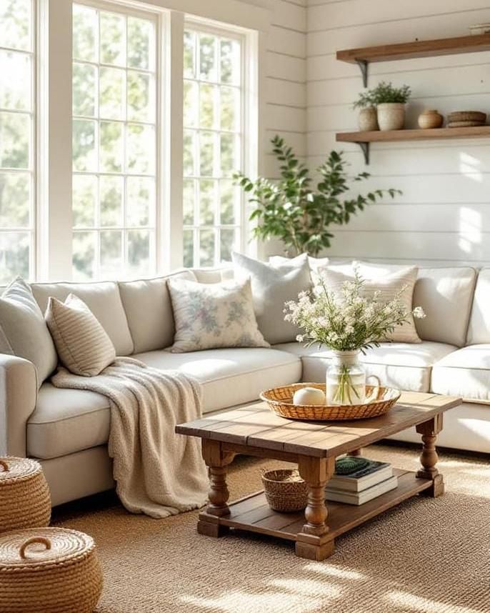 Bright, cozy living room with a white sectional sofa, wooden coffee table, and potted plants by large windows.
