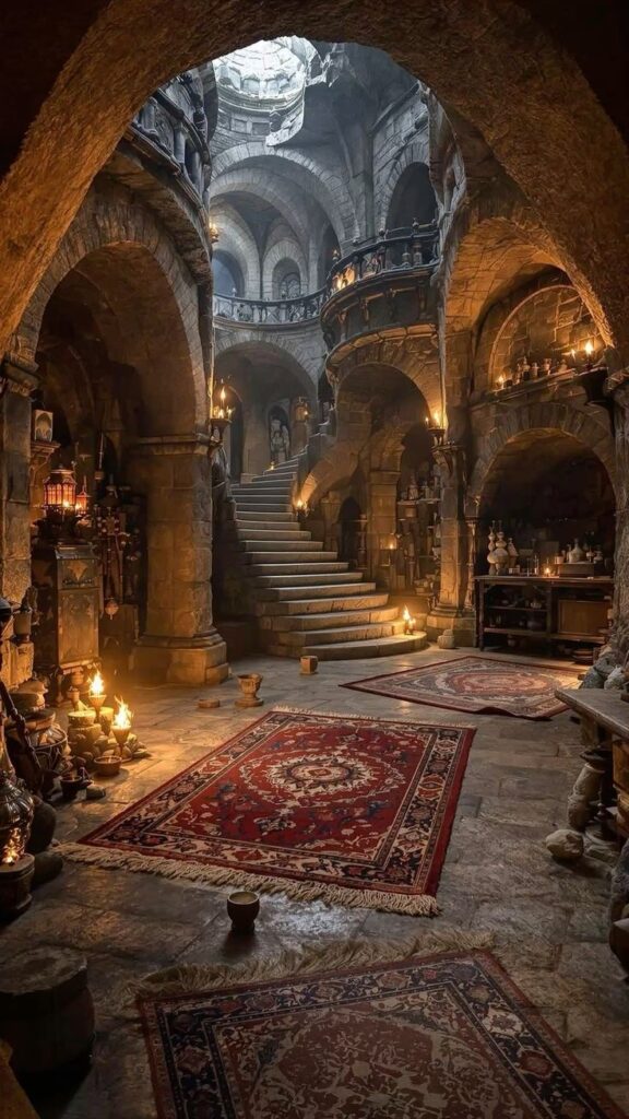 Medieval stone chamber with arched ceilings, ornate rugs, and a stairway, illuminated by candlelight.