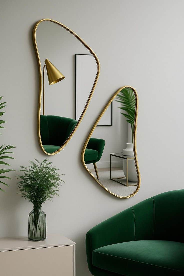 Abstract gold mirrors on white wall, green chair, and plants in modern living room decor.