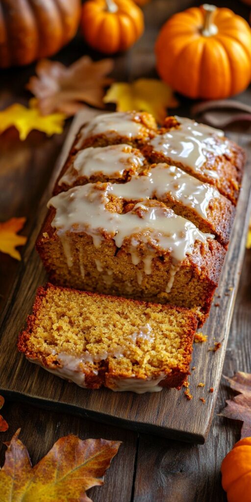 Irresistibly Moist Pumpkin Bread_ The Perfect Fall Recipe Moist pumpkin bread with icing on a wooden board, surrounded by fall leaves and pumpkins. Perfect for autumn treats. | Sky Rye Design Moist pumpkin bread with icing on a wooden board, surrounded by fall leaves and pumpkins. Perfect for autumn treats.