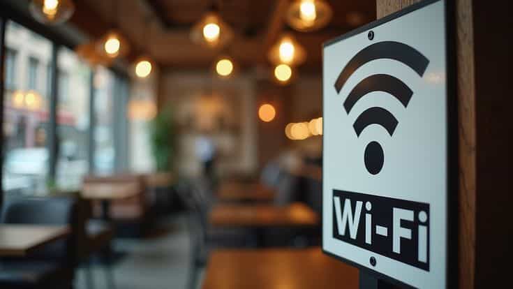 Wi-Fi sign in a cozy café interior with warm lighting and empty tables, inviting atmosphere for remote work or meetings.