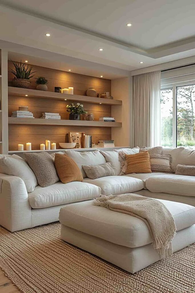 Cozy living room with white sectional sofa, warm-toned cushions, built-in shelves, candles, and soft lighting.