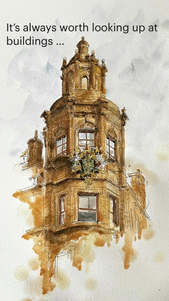 Watercolor illustration of a vintage building tower with ornate details and a motivational quote about observing architecture.