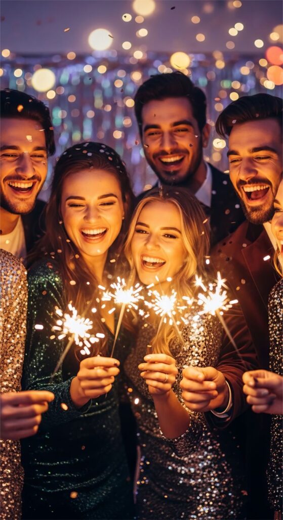 Joyful people celebrating with sparklers and confetti celebration party Group of friends celebrating with sparklers at a festive party, surrounded by lights and decorations. | Sky Rye Design Group of friends celebrating with sparklers at a festive party, surrounded by lights and decorations.