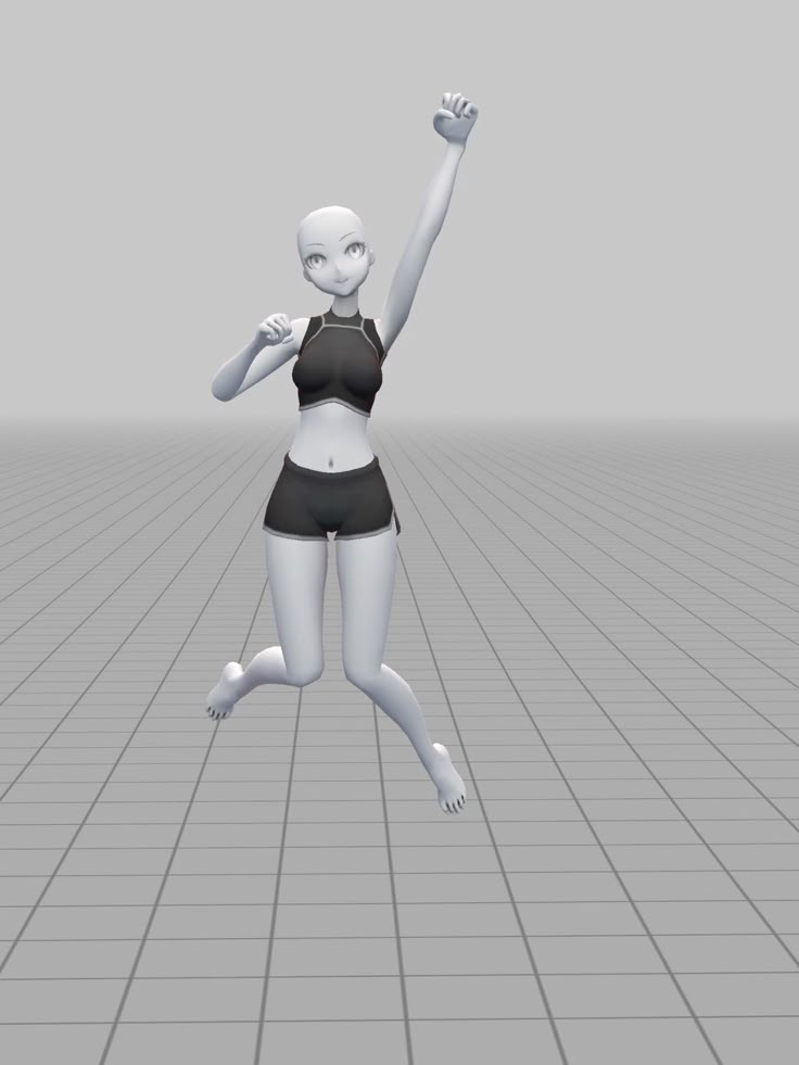 3D female character in sportswear striking a dynamic pose on a grid background.