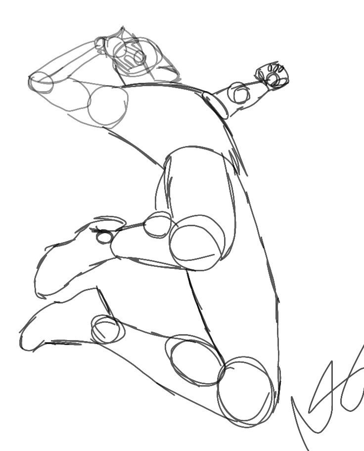 Dynamic sketch of a person jumping, emphasizing movement and action with simple lines and circular shapes.