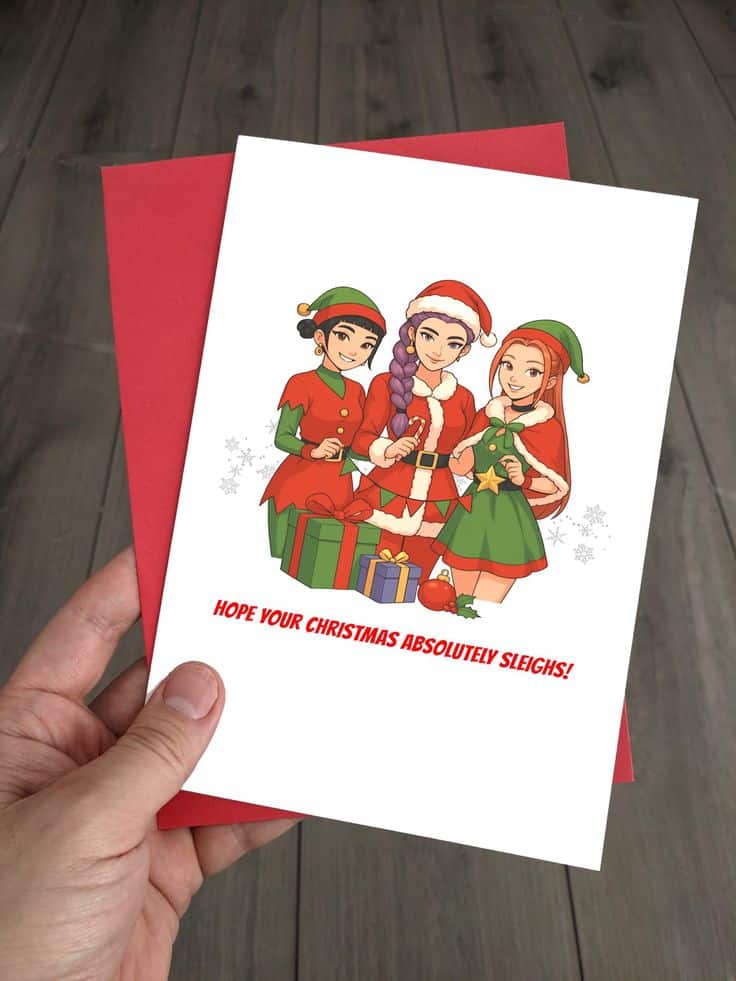 Christmas card with festive characters and gifts, captioned Hope Your Christmas Absolutely Sleighs!