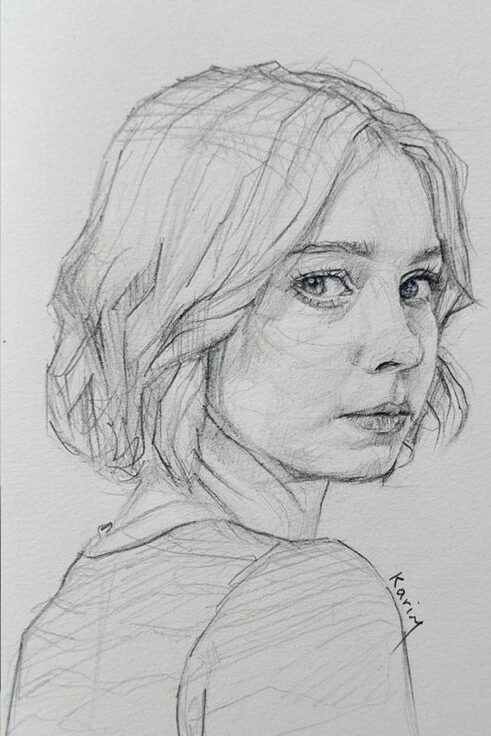 Karim - Steps from the lastest video 🌺✏️ _ Facebook Pencil sketch portrait progression of a woman with short hair, featuring steps from outline to detailed drawing. | Sky Rye Design Pencil sketch portrait progression of a woman with short hair, featuring steps from outline to detailed drawing.