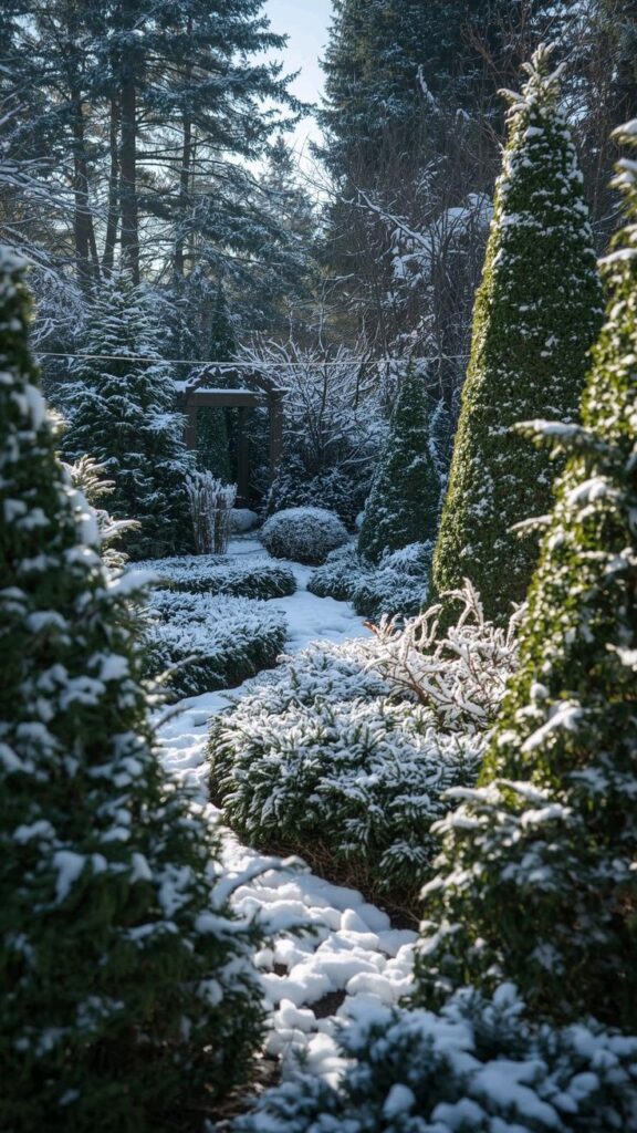 Snow-covered garden path with evergreen trees and shrubs under a clear blue sky. Winter tranquility in nature.