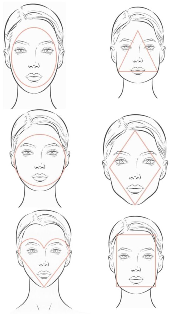 Illustration of different face shapes: oval, triangle, round, diamond, heart, and square outlined in red.