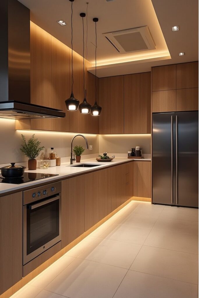 Modern kitchen with wood cabinets, island lighting, built-in oven, and stainless steel fridge. Cozy and sleek design.