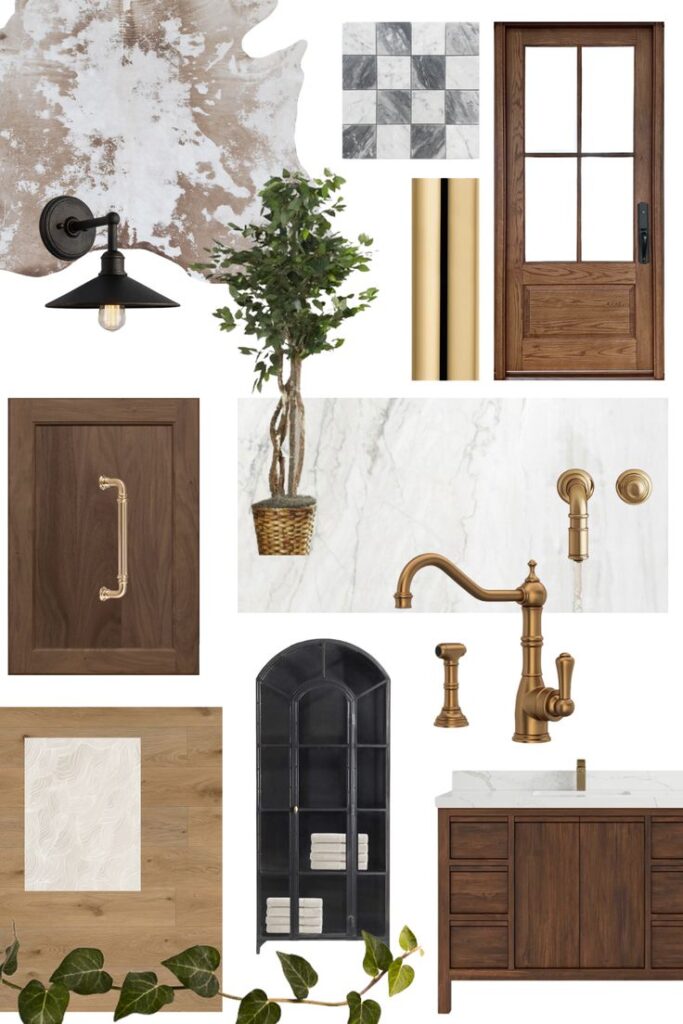 Rustic interior design collage with wood textures, brass fixtures, marble, and greenery accents.