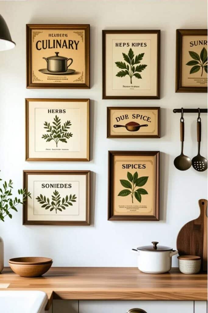 Framed herb and spice artwork decorates a kitchen wall, with utensils hanging nearby on a wooden rack.