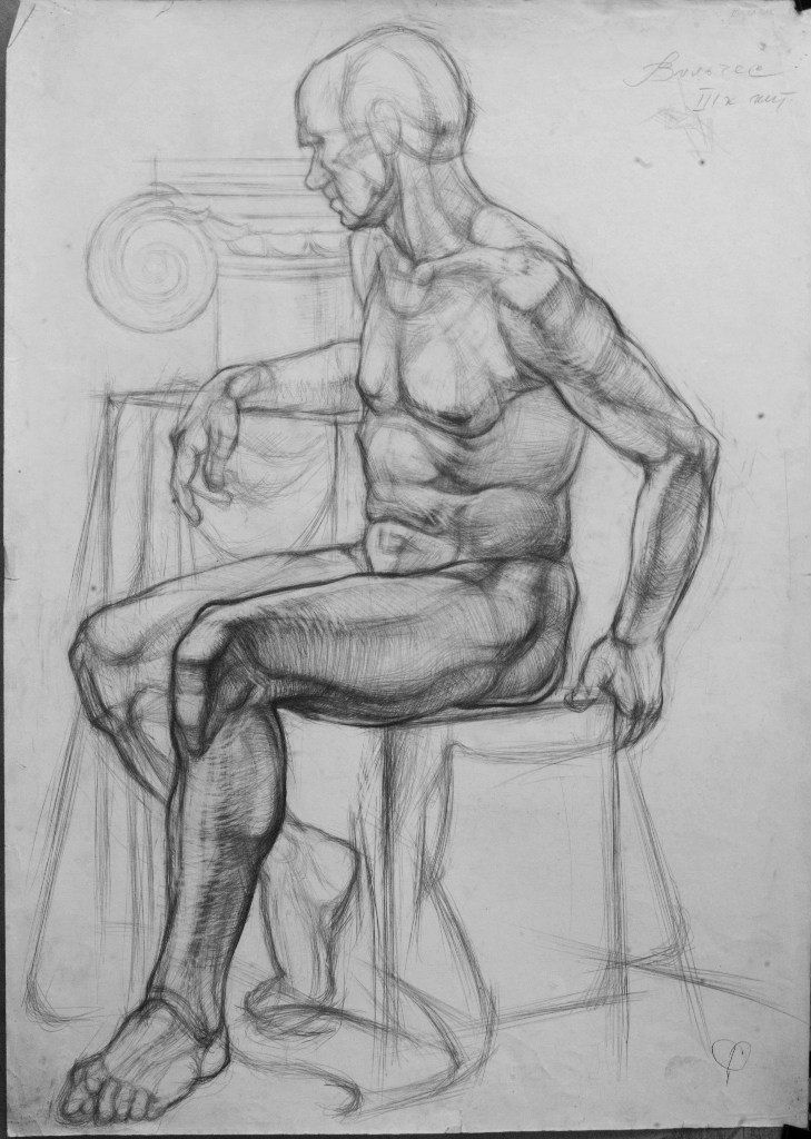 Life drawing of a seated male figure sketch, showcasing muscular anatomy and classical art style.