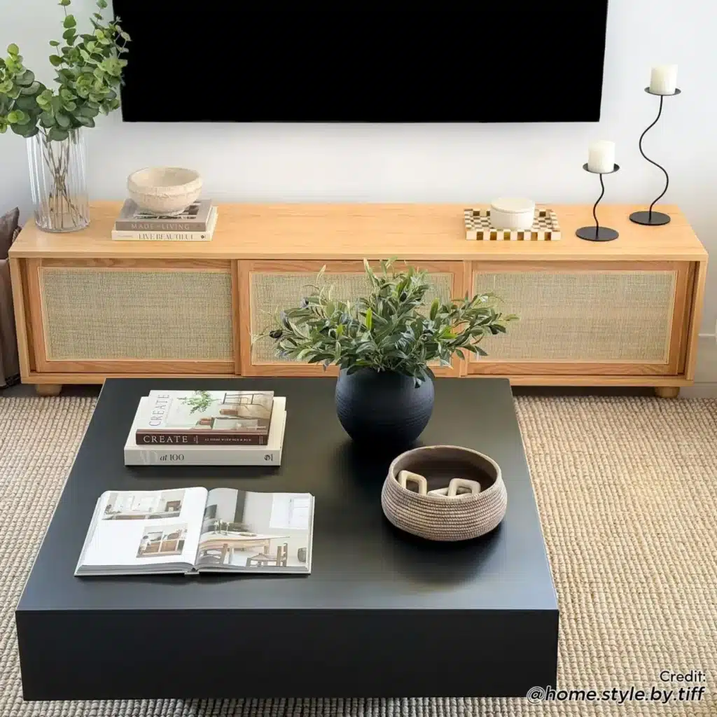 LCTHEA-ENT-NAT_2a-1 Modern living room with black coffee table, plants, open books, and candles on a wood credenza. Cozy and stylish decor. | Sky Rye Design Modern living room with black coffee table, plants, open books, and candles on a wood credenza. Cozy and stylish decor.