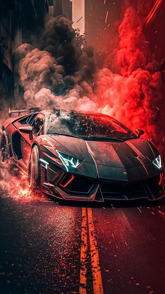 Sleek sports car driving through smoke with red lighting in a dramatic urban setting, showcasing speed and power.