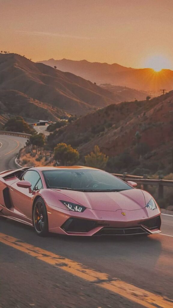 Pink sports car driving on a scenic winding road at sunset with mountains in the background.
