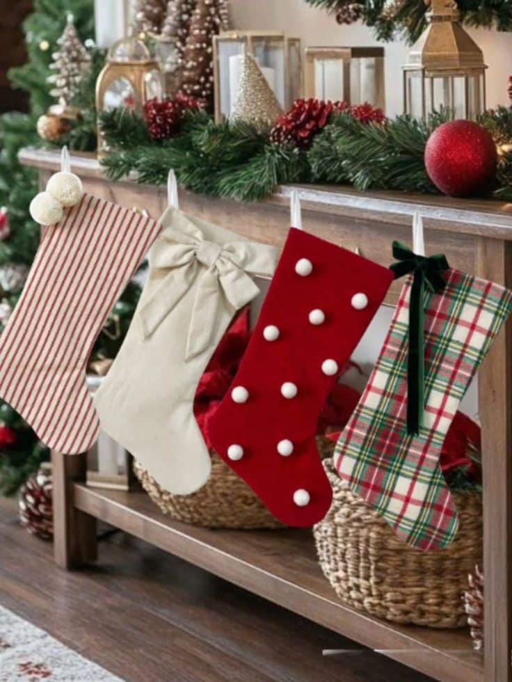 Festive mantel with four Christmas stockings and greenery, holiday decorations in cozy living room setting.
