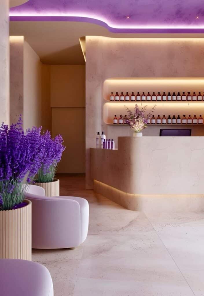 Modern spa reception with purple lighting, lavender plants, and shelves filled with essential oils for a calming ambiance.