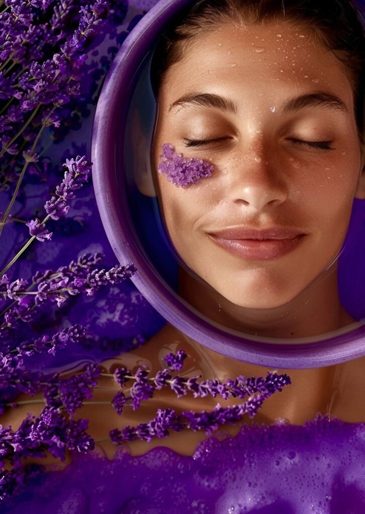 Woman relaxing in lavender bath with closed eyes and purple salt on face.