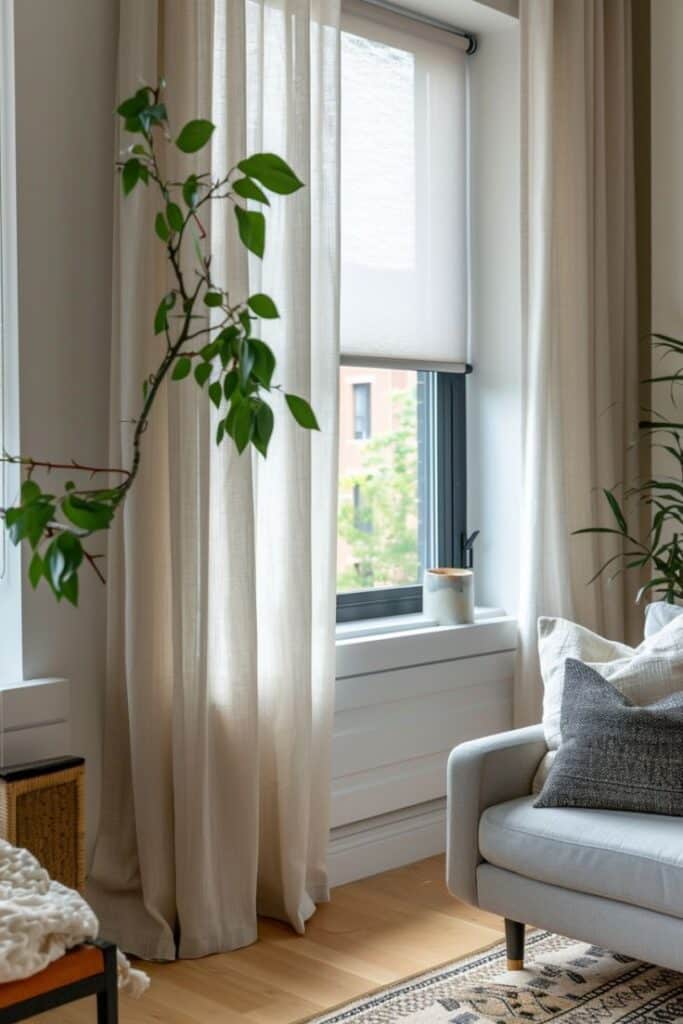 Cozy living room corner with a gray sofa, leafy plant, light curtains, and a sunlit window.