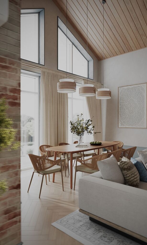 Lemi _ Гостиная Modern dining room with wooden table, stylish chairs, pendant lights, and large windows. Cozy interior design. | Sky Rye Design Modern dining room with wooden table, stylish chairs, pendant lights, and large windows. Cozy interior design.