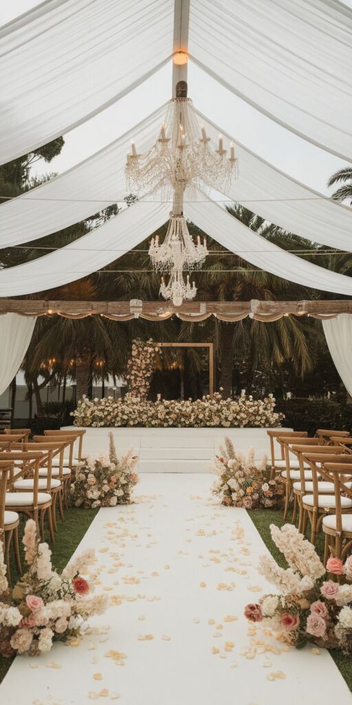 Elegant outdoor wedding aisle with white drapes, chandelier, floral arrangements, and wooden chairs leading to an altar.