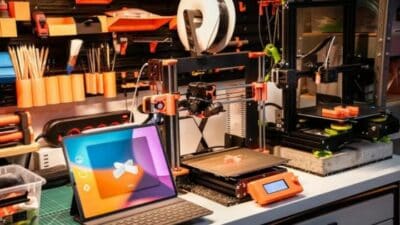 3D printer setup with tablet showcasing design software, surrounded by tools and accessories in a workshop.