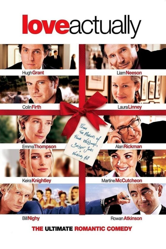Collage of actors from Love Actually movie poster with red ribbon and gift tag, highlighting romantic comedy theme.