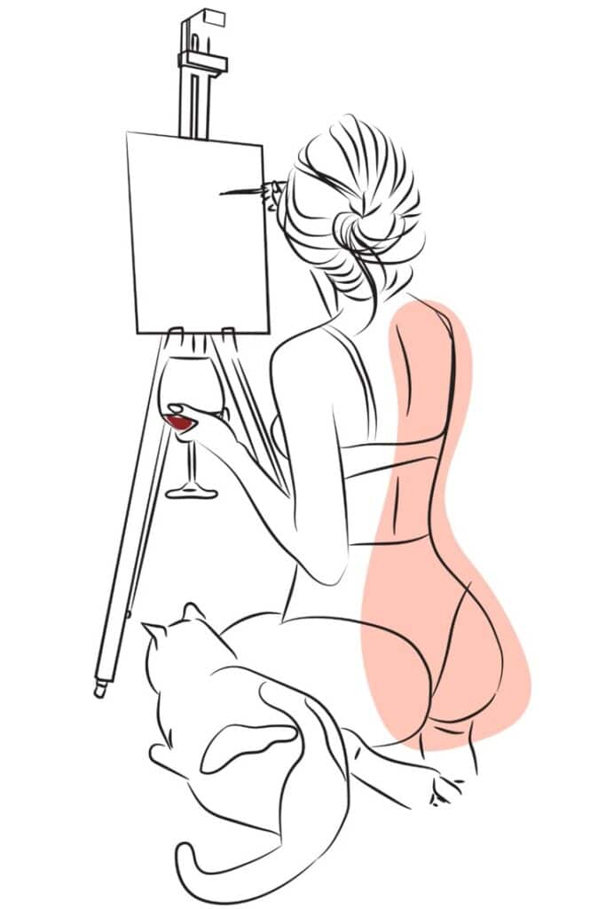 Line Art Portrait_ Custom Line Drawing Portrait Artist painting on canvas with wine and cat nearby, in minimalist line art style. | Sky Rye Design Artist painting on canvas with wine and cat nearby, in minimalist line art style.