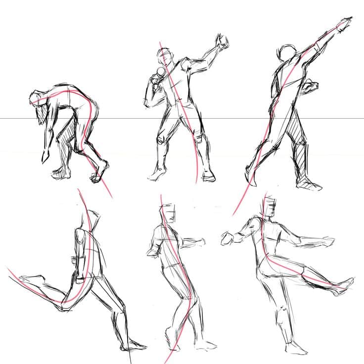 Sketches of human figures in dynamic poses, highlighting lines of action for drawing practice.