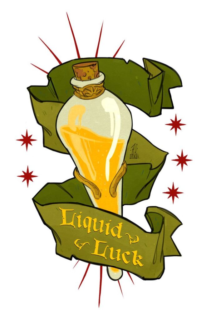 Liquid Luck Alessia Sagnotti Illustration of a bottle labeled Liquid Luck with bright colors and decorative stars. | Sky Rye Design Illustration of a bottle labeled Liquid Luck with bright colors and decorative stars.